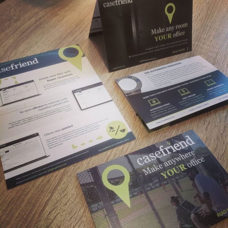 Casefriend Print Design Examples including folding notecard and full page marketing handout